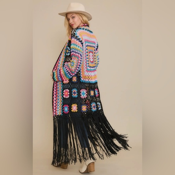 Sweet Generis Sweaters - Sweet Generis M/L Black Multi Crochet Fringe Cardigan Grannycore Cottagecore